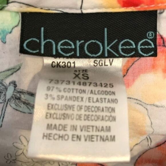 Cherokee Womens XS Floral & Pink Ribbon Print Scrub Top 97% Cotton - Picture 2 of 7